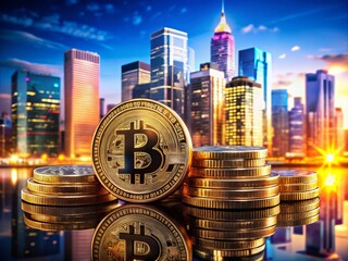 Ultrarealistic Bitcoin in Dynamic Cityscape: High-Quality Product Photography with Reflective Textures and Vibrant Lighting Effects for Modern Financial Themes