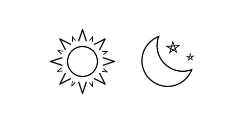 Editable sun and moon outline icons isolated on white background.