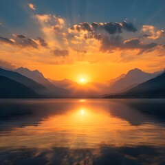 Naklejka premium Serenity in Gold: A Sunset Over the Tranquil Lake and Majestic Mountains