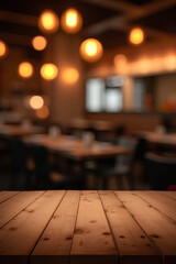 Image of wooden table in front of abstract blurred restaurant lights background
