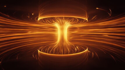Visualization of magnetic force with bright lines and directional arrows, highlighting the invisible energy surrounding a central object.