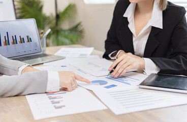 Two businesswoman working with analysis data investment plan, Business startup and marketing presentation,