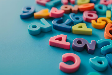 Colorful plastic numbers on blue surface with copy space