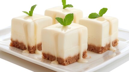 A delectable dessert featuring creamy, rectangular layers atop a crunchy base, garnished with fresh mint leaves.