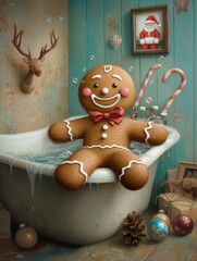 Gingerbread Man Bath Time: A whimsical illustration of a gingerbread man enjoying a relaxing bath, surrounded by Christmas decorations, a reindeer head, and a Santa Claus painting.