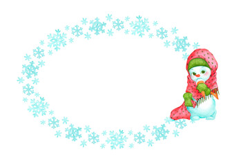 Oval frame of snowflakes and toddler snowman girl character. Watercolor horizontal background template for cards, plates or shopping bag designs. Decorative winter border with empty place for text