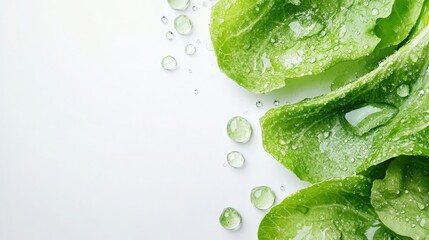 Fresh, dewy lettuce leaves on a white background.