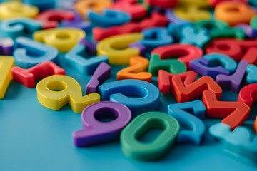 Fototapeta premium Colorful plastic numbers on blue surface with copy space