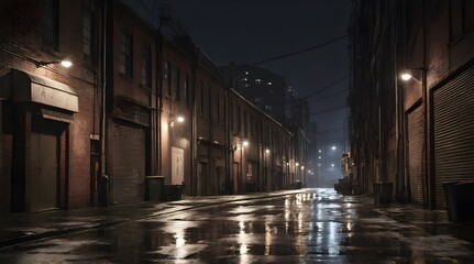 Dark urban city alley at night after a rain featuring vintage.generative.ai
