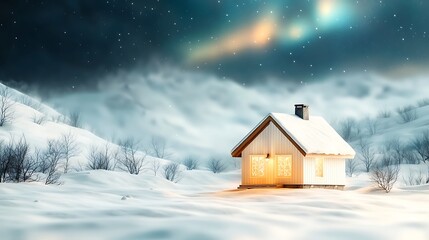 The quaint cottage nestled in the snowfield, with its warm glow spilling out through the frosted windows, is a picturesque scene under the dancing colors of the aurora borealis above