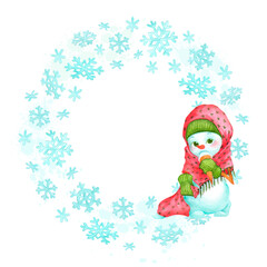 Circle frame of snowflakes and toddler snowman girl character. Watercolor background template for cards, plates or shopping bag designs. Decorative winter border with empty place for text in center