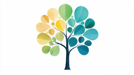 A vibrant, stylized tree design featuring colorful leaves in shades of green, yellow, and blue, symbolizing nature and growth.