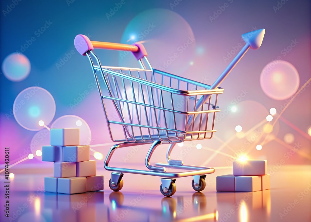 Poster 3d shopping cart with data graph and checkmarks on pastel background illustrating successful online 