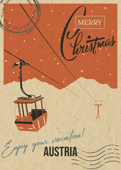 Merry Christmas Postcard, Austria Ski Resort, Aerial Tram, Mountains, Snowfall. Retro Greeting Card Style Illustration. Vintage Colors, Aged Paper Texture