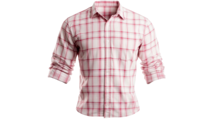 A man is wearing a red and white plaid shirt. transparent background