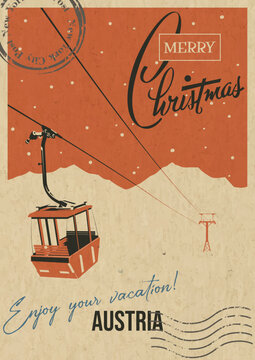 Merry Christmas Postcard, Austria Ski Resort, Aerial Tram, Mountains, Snowfall. Retro Greeting Card Style Illustration. Vintage Colors, Aged Paper Texture