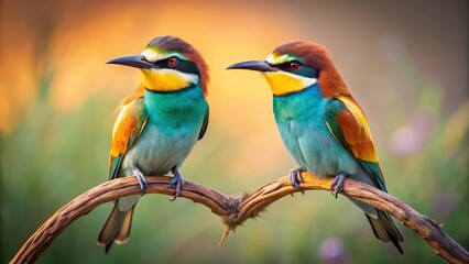 Obraz premium A Beautiful Vintage Style Capture of European Bee-eater Birds in a Heart-Shaped Pose, Perfect for Nature Lovers and Photography Enthusiasts