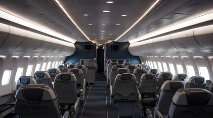 Fototapeta premium Empty airplane cabin with dark seats and bright illuminated ceiling.generative.ai