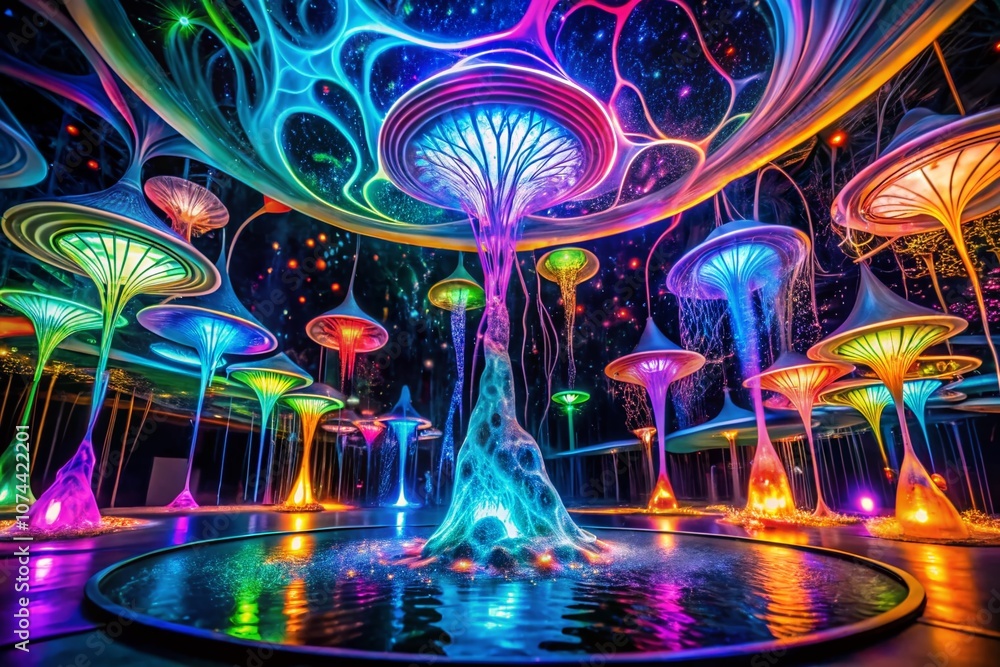 Poster abstract bioluminescence: glowing vorticity ink dropped in an architectural setting, capturing the f