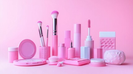 Naklejka premium A collection of pink makeup products, including a brush, a bottle, and a tube