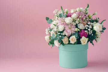 Fototapeta premium bouquet of flowers in turquoise gift box isolated on pink
