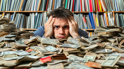A young man expresses anxiety while sitting amidst stacks of cash in an office filled with paperwork. This scene highlights the common financial struggles faced in today's society