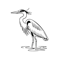 Black Heron bird silhouette hand drawing line art vector