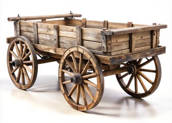 Fototapeta premium Vintage Wooden Cart Isolated on White Background for Fashion Photography and Product Display, Perfect for Creative Advertising, E-commerce, and Art Projects Featuring Rustic Elements