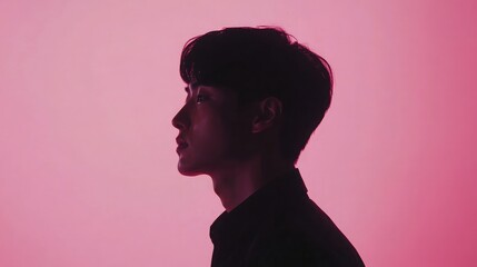 A young man in a dark shirt stands in profile against a vibrant pink background, gazing off to the side. The contrasting colors create a sense of mystery and intrigue.