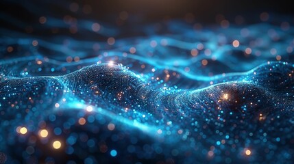 Abstract Wave of Blue Light Particles Creating a Beautiful Digital Background for Technology, Science, and Art Applications in Stock Photo Collection