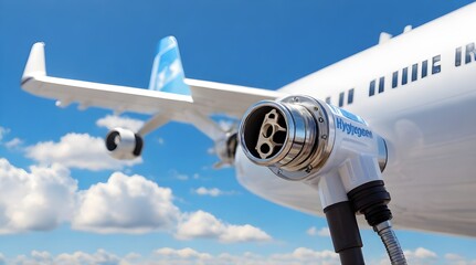 Fuel nozzle with the inscription Hydrogen on a background of airplane.generative.ai