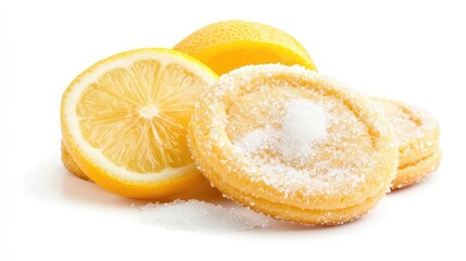 Close-up of sugar cookies and lemon slices on a white background.