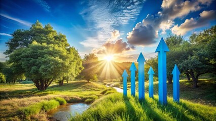 Abstract Landscape Photography Featuring Digital Upward Trend with Blue Arrows to Illustrate Growth, Progress, and Success in a Serene Natural Setting