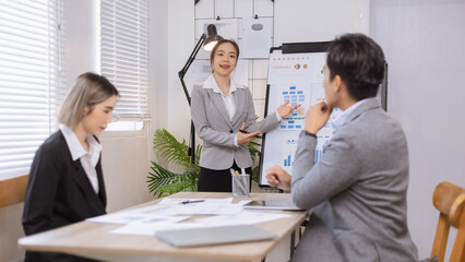 Asian business teamwork working on digital tablet with analysis report and advisor showing plan, Financial analysis and Marketing teamwork concept.