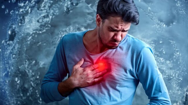 Health crisis: impact of a heart attack through a depiction of an individual gripping their chest, emphasizing severity of pain and distress associated with cardiac events in realistic scenari