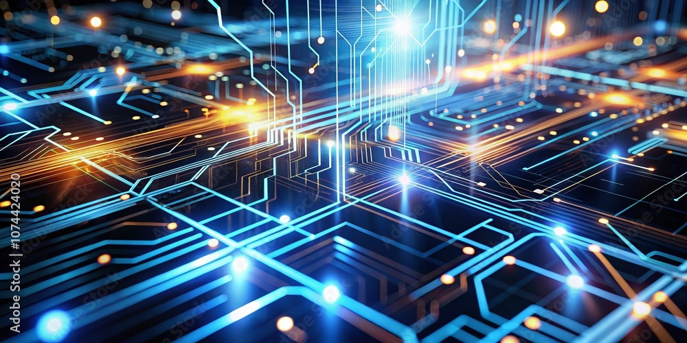 Poster abstract technology background with glowing lines and circuit board patterns illustrating the digita