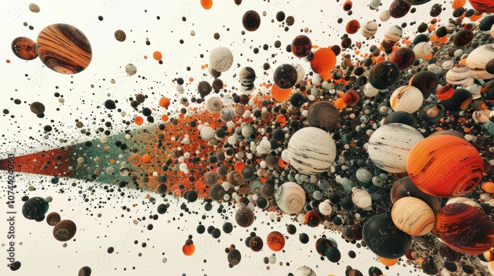 Poster abstract cosmic spheres, colorful dynamic design, vibrant planets in motion on a light background wi