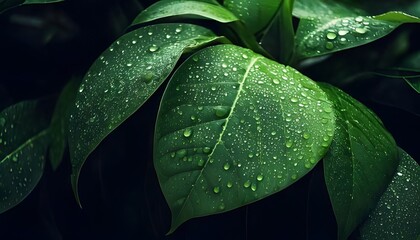 Fototapeta premium Dewdrops on leaves, natural pattern, botanical scene, 3D illustration.