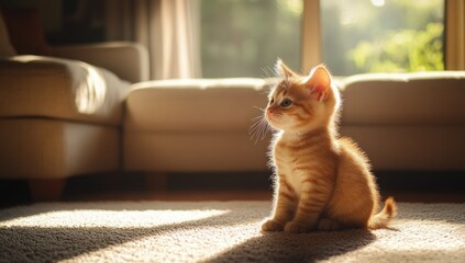 Cute Orange Kitten Sitting on a Carpet in Sunlight