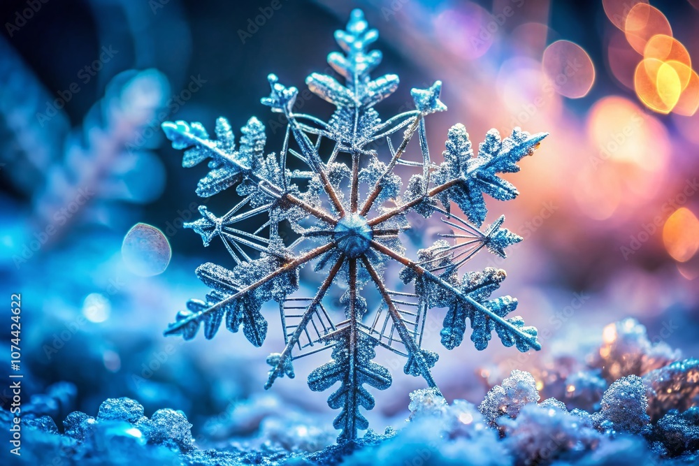 Poster a captivating close-up of a snowflake showcasing its intricate crystalline structure and delicate ge