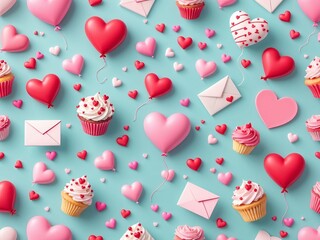 Playful 3D Pattern Featuring Heart Balloons, Love Letters, and Cupcakes, Celebrating Sweet Love and Romance, Ideal for Couples-Themed Party Invitations and Social Media Graphics