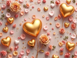 Luxurious 3D Pattern of Gold Rings, Red Hearts, and White Roses, Representing Commitment and Everlasting Love, Ideal for Wedding Invitations and Engagement Announcements