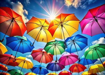 A Captivating Silhouette of Colorful Umbrellas Against a Vibrant Blue Background, Perfect for Rainy Day Themes and Creative Visuals
