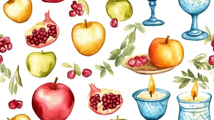 Watercolor illustration of Rosh Hashanah symbols, including apples, pomegranates, candles, and wine glasses.