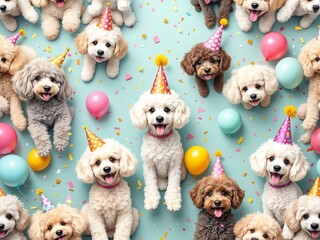 A Fun 3D Pattern Background Featuring Playful Poodles with Party Hats and Confetti, Surrounded by Colorful Balloons, Ideal for Dog-Themed Celebrations and Pet Party Invitations
