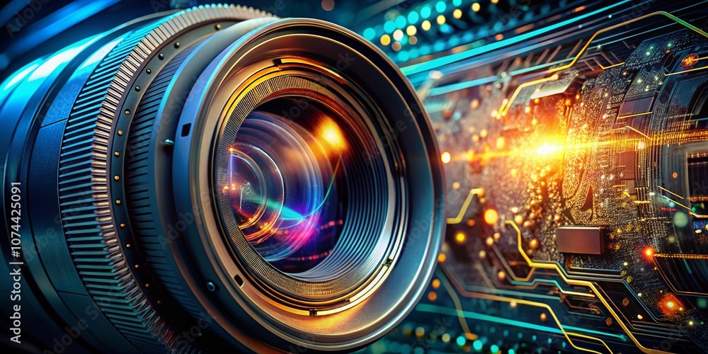 Poster a close-up of a futuristic high-tech camera lens with intricate circuitry and glowing elements, high