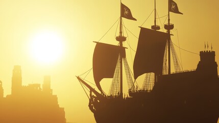 A silhouette of an ancient galleon against a sunny sky.