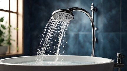 Modern Shower Head with Water Droplets Bathroom Design.generative.ai
