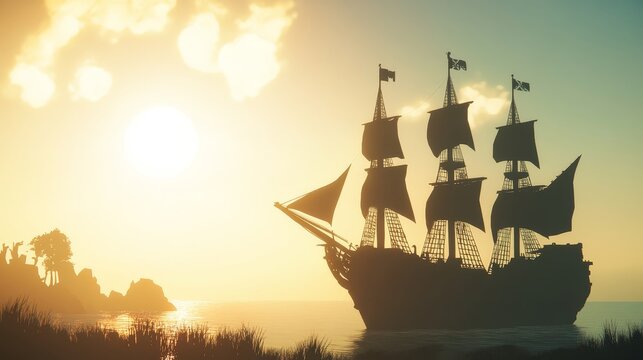 A silhouette of an ancient galleon against a sunny sky.
