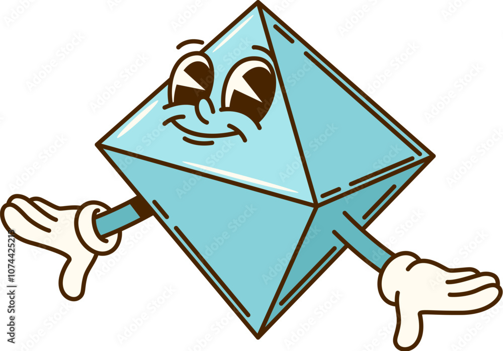Poster Groovy math octahedron geometric figure character. Isolated cartoon vector playful triangular dipyramid with blue color, joyful face expression and hippie vibe. Retro personage for children education